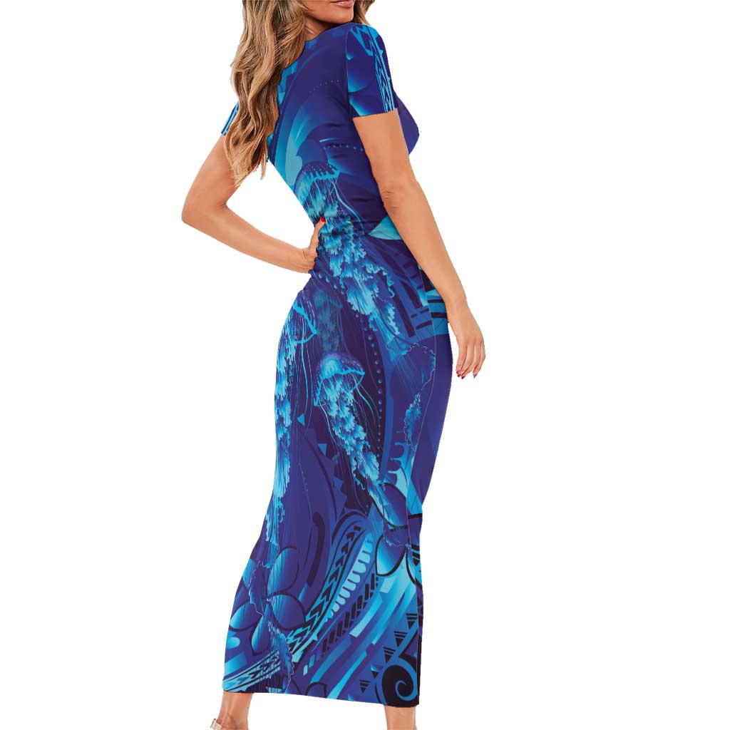 Purple Paradise Polynesia Jellyfish Family Matching Short Sleeve Bodycon Dress and Hawaiian Shirt Plumeria Polynesian Tattoo Glowing Vibes LT14 - Polynesian Pride