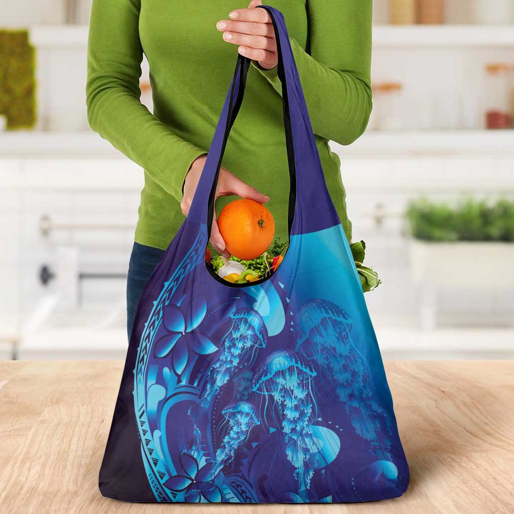 Purple Paradise Polynesia Jellyfish Grocery Bag Plumeria Polynesian Tattoo Glowing Vibes
