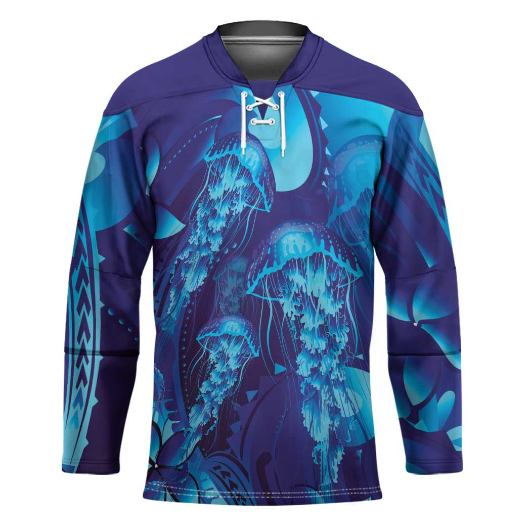 Purple Paradise Polynesia Jellyfish Hockey Jersey Plumeria Polynesian Tattoo Glowing Vibes