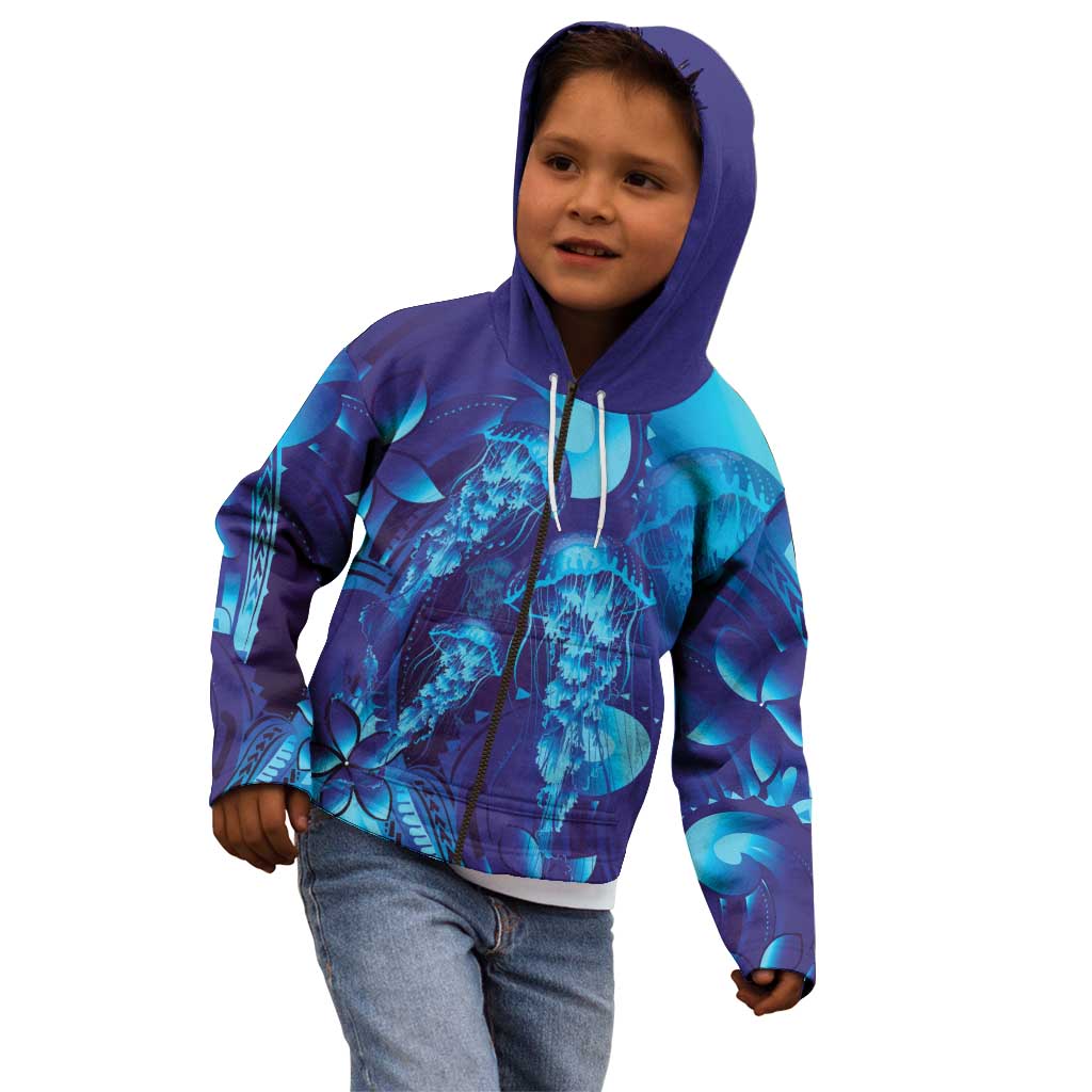 Purple Paradise Polynesia Jellyfish Kid Hoodie Plumeria Polynesian Tattoo Glowing Vibes