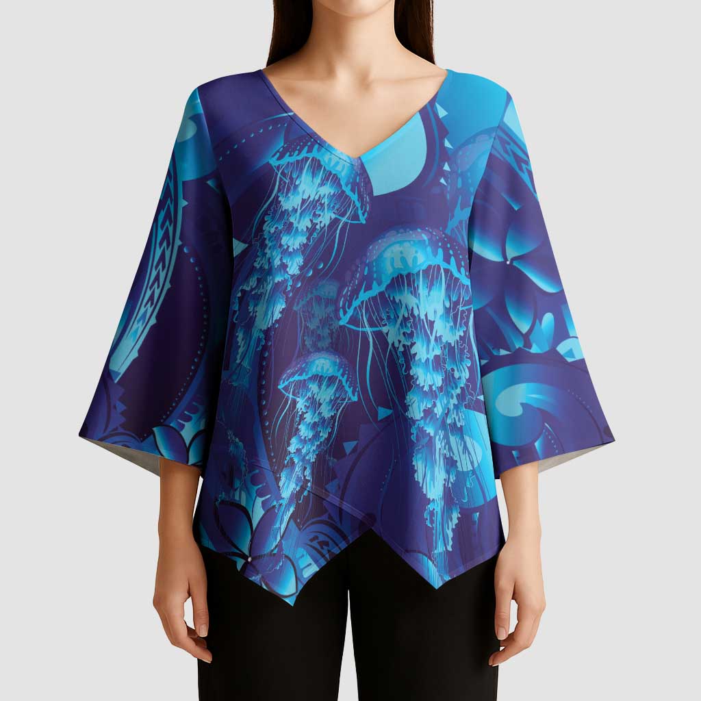 Purple Paradise Polynesia Jellyfish Kimono Sleeve Blouse Plumeria Polynesian Tattoo Glowing Vibes