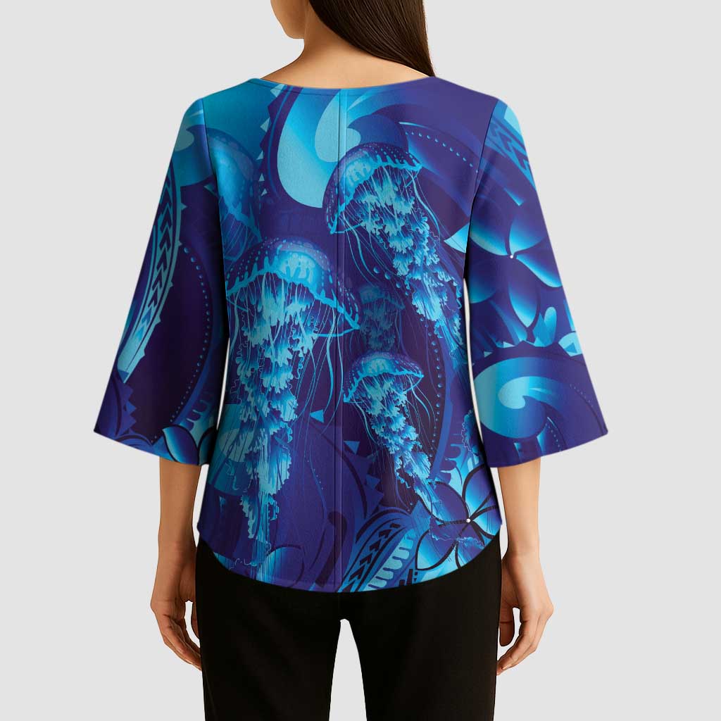 Purple Paradise Polynesia Jellyfish Kimono Sleeve Blouse Plumeria Polynesian Tattoo Glowing Vibes
