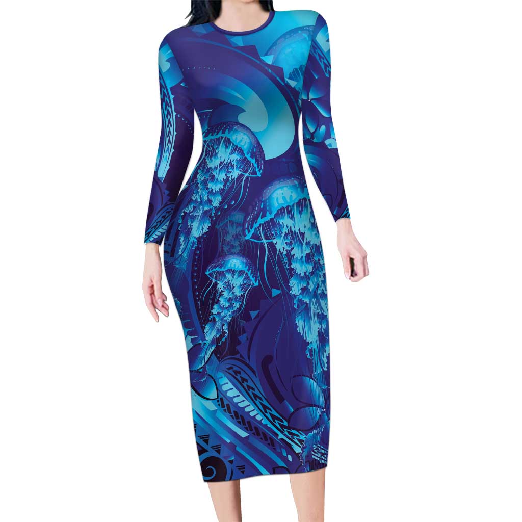 Purple Paradise Polynesia Jellyfish Long Sleeve Bodycon Dress Plumeria Polynesian Tattoo Glowing Vibes