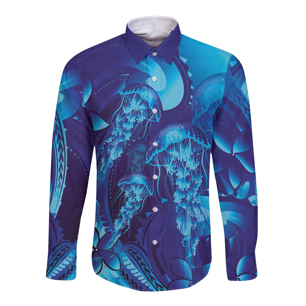 Purple Paradise Polynesia Jellyfish Long Sleeve Button Shirt Plumeria Polynesian Tattoo Glowing Vibes