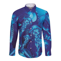 Purple Paradise Polynesia Jellyfish Long Sleeve Button Shirt Plumeria Polynesian Tattoo Glowing Vibes