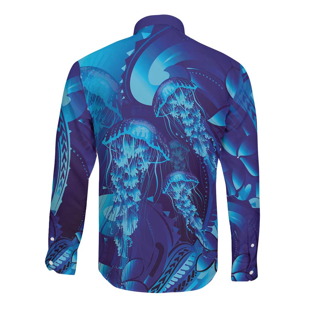 Purple Paradise Polynesia Jellyfish Long Sleeve Button Shirt Plumeria Polynesian Tattoo Glowing Vibes