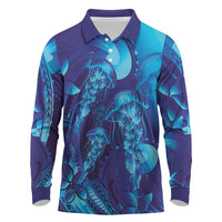 Purple Paradise Polynesia Jellyfish Long Sleeve Polo Shirt Plumeria Polynesian Tattoo Glowing Vibes