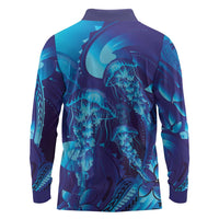 Purple Paradise Polynesia Jellyfish Long Sleeve Polo Shirt Plumeria Polynesian Tattoo Glowing Vibes
