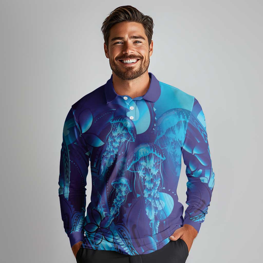 Purple Paradise Polynesia Jellyfish Long Sleeve Polo Shirt Plumeria Polynesian Tattoo Glowing Vibes
