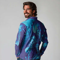 Purple Paradise Polynesia Jellyfish Long Sleeve Polo Shirt Plumeria Polynesian Tattoo Glowing Vibes