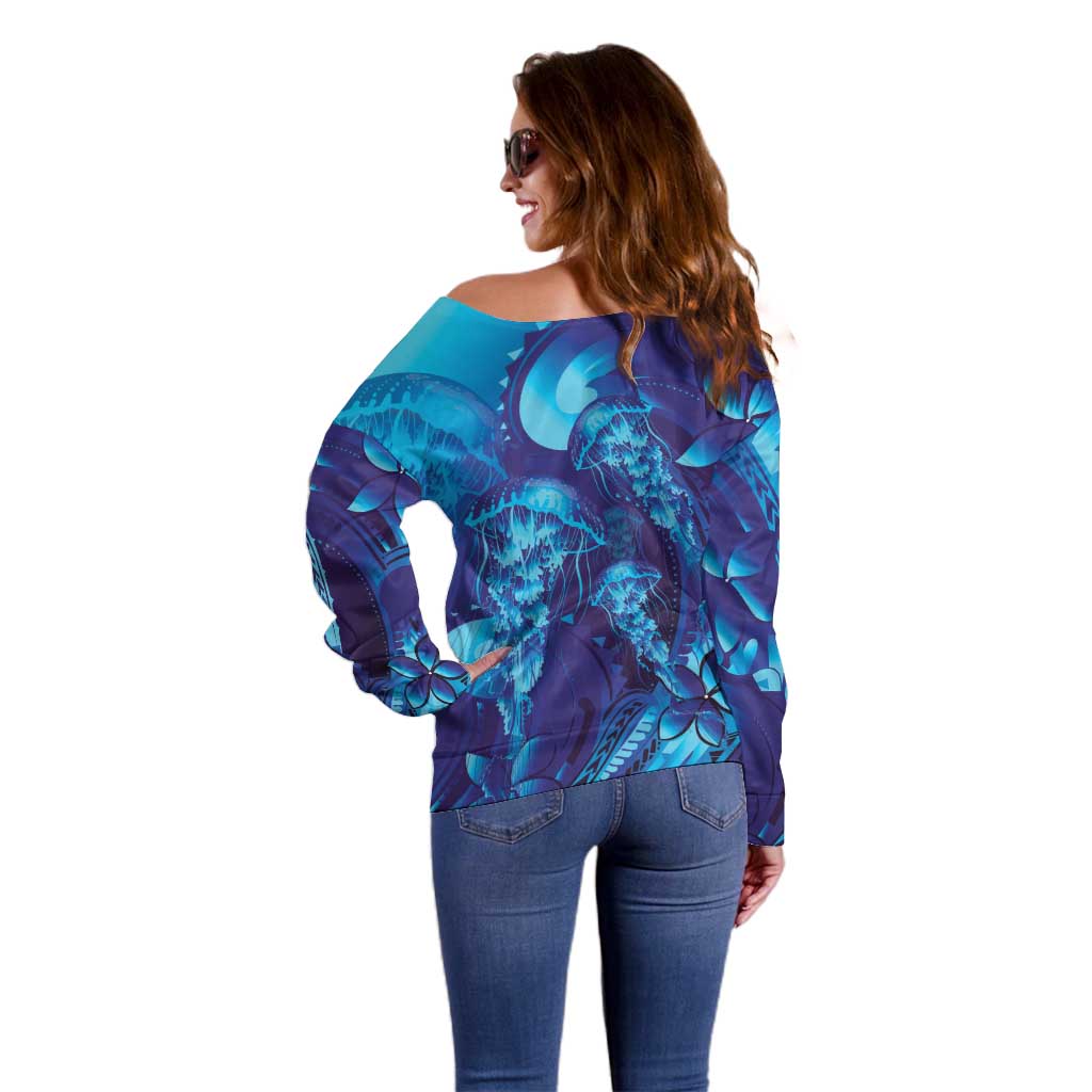 Purple Paradise Polynesia Jellyfish Off Shoulder Sweater Plumeria Polynesian Tattoo Glowing Vibes