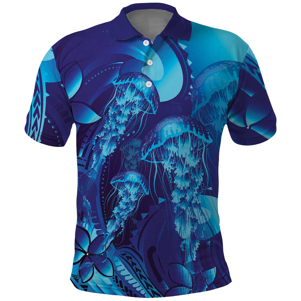 Purple Paradise Polynesia Jellyfish Polo Shirt Plumeria Polynesian Tattoo Glowing Vibes