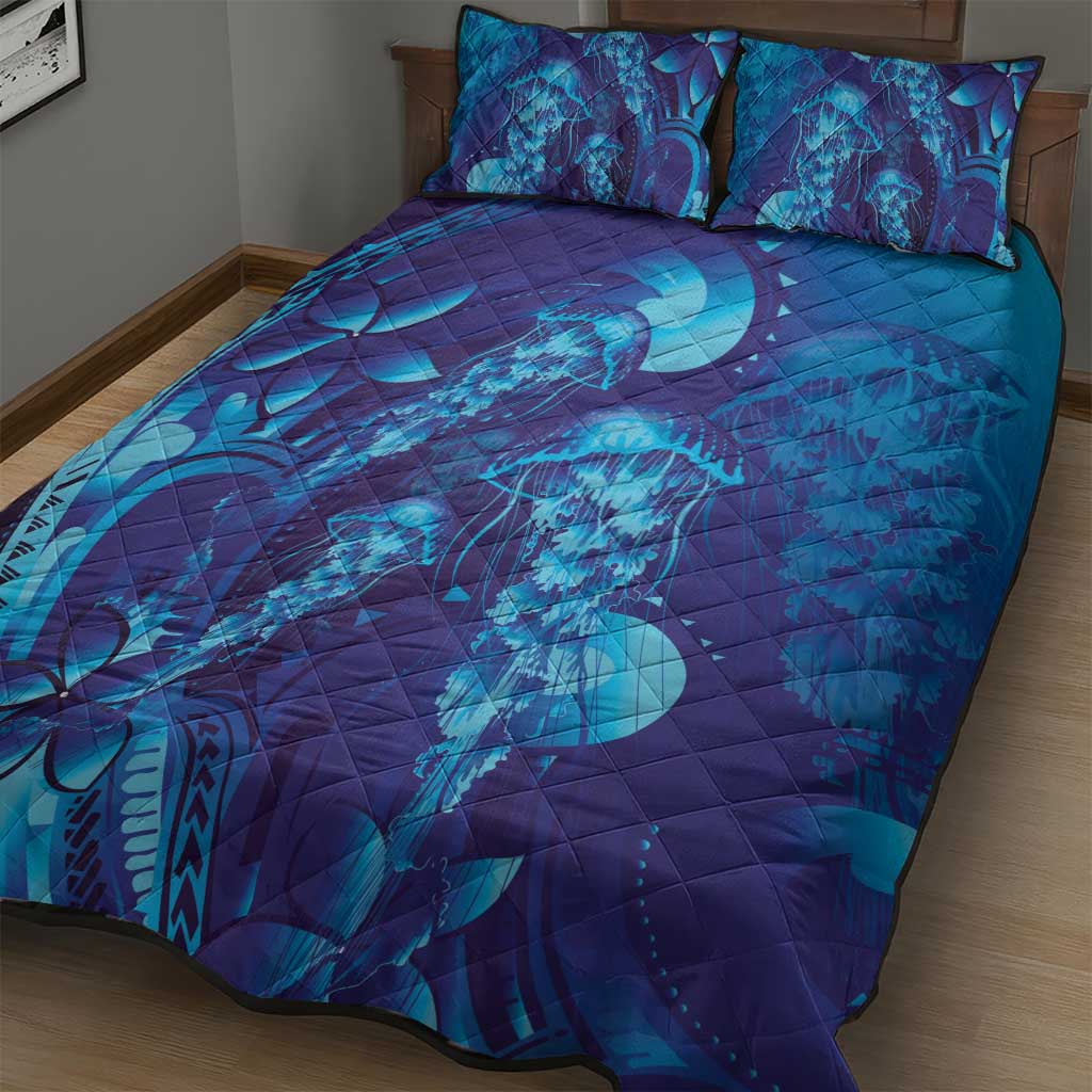 Purple Paradise Polynesia Jellyfish Quilt Bed Set Plumeria Polynesian Tattoo Glowing Vibes