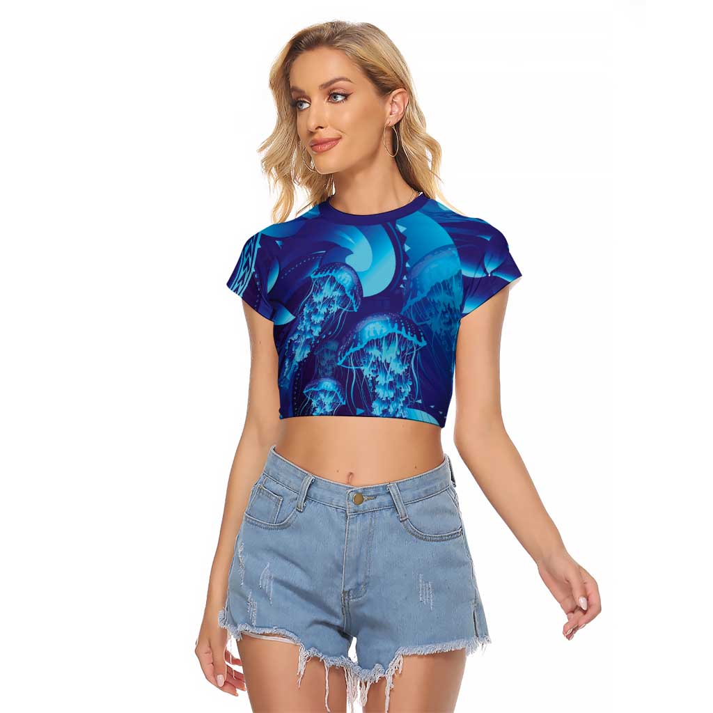 Purple Paradise Polynesia Jellyfish Raglan Cropped T Shirt Plumeria Polynesian Tattoo Glowing Vibes