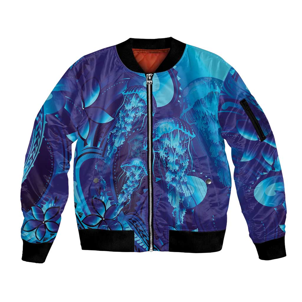 Purple Paradise Polynesia Jellyfish Sleeve Zip Bomber Jacket Plumeria Polynesian Tattoo Glowing Vibes