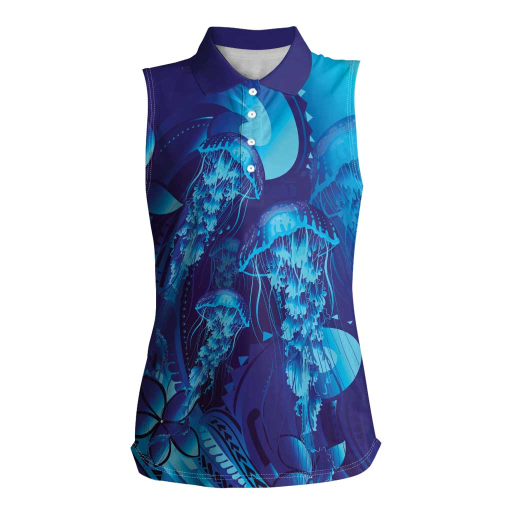 Purple Paradise Polynesia Jellyfish Women Sleeveless Polo Shirt Plumeria Polynesian Tattoo Glowing Vibes