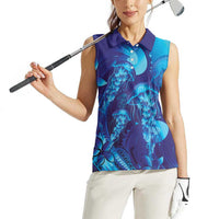 Purple Paradise Polynesia Jellyfish Women Sleeveless Polo Shirt Plumeria Polynesian Tattoo Glowing Vibes