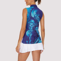 Purple Paradise Polynesia Jellyfish Women Sleeveless Polo Shirt Plumeria Polynesian Tattoo Glowing Vibes