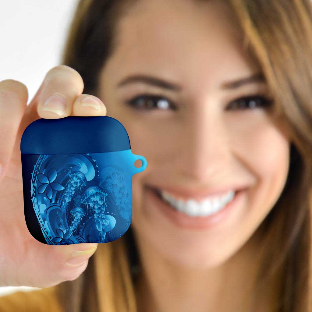 Blue Gradient Polynesia Jellyfish AirPods Case Plumeria Polynesian Tattoo Glowing Vibes