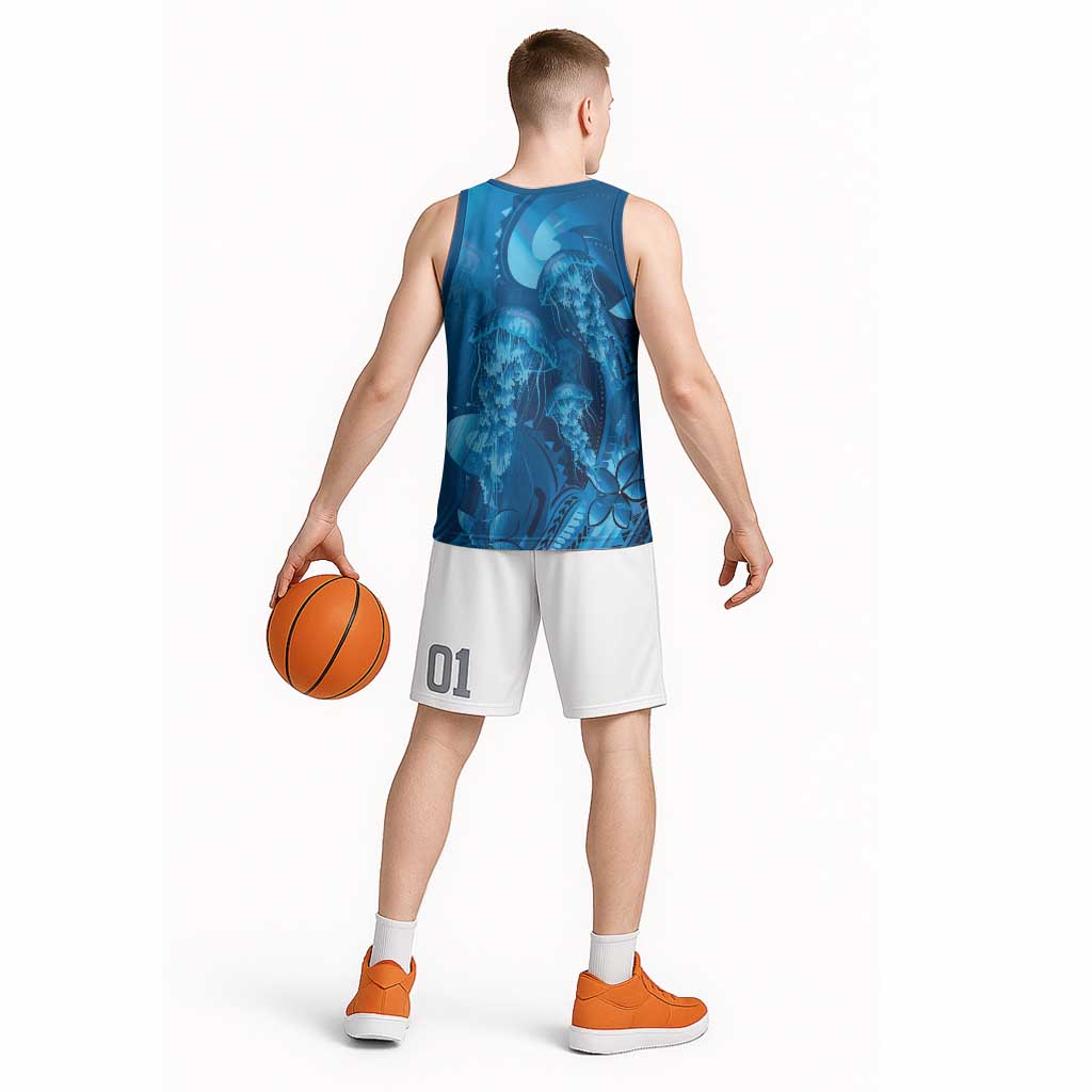 Blue Gradient Polynesia Jellyfish Basketball Jersey Plumeria Polynesian Tattoo Glowing Vibes
