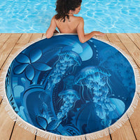 Blue Gradient Polynesia Jellyfish Beach Blanket Plumeria Polynesian Tattoo Glowing Vibes