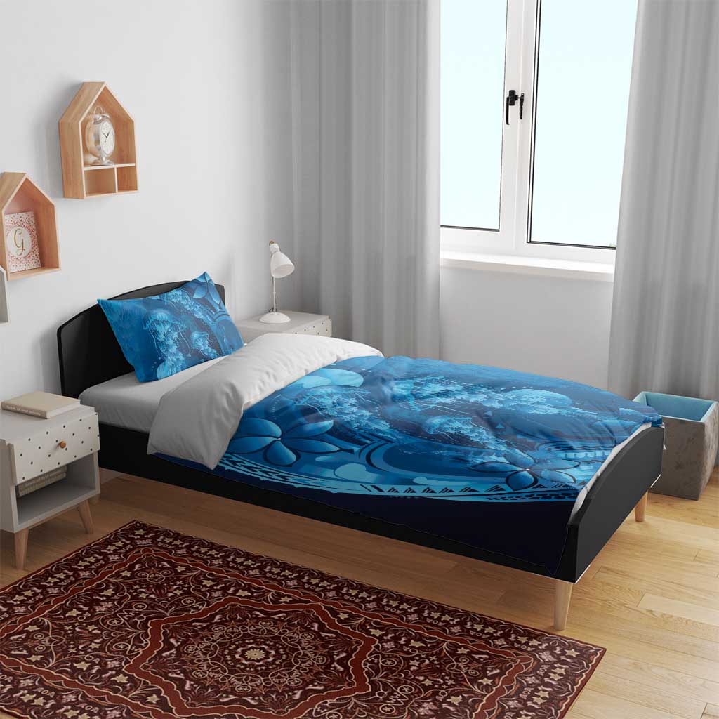 Blue Gradient Polynesia Jellyfish Bedding Set Plumeria Polynesian Tattoo Glowing Vibes