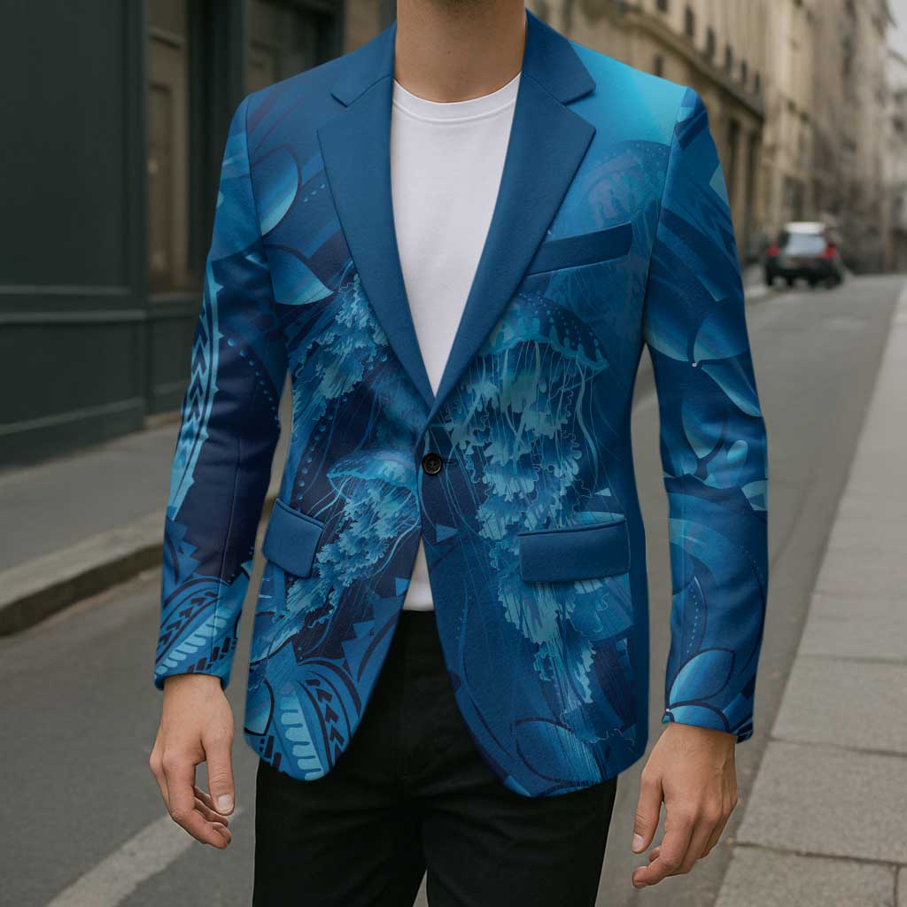 Blue Gradient Polynesia Jellyfish Blazer Plumeria Polynesian Tattoo Glowing Vibes
