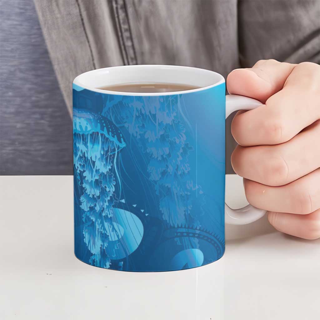 Blue Gradient Polynesia Jellyfish Ceramic Mug Plumeria Polynesian Tattoo Glowing Vibes