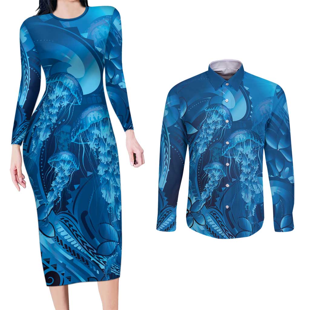 Blue Gradient Polynesia Jellyfish Couples Matching Long Sleeve Bodycon Dress and Long Sleeve Button Shirt Plumeria Polynesian Tattoo Glowing Vibes