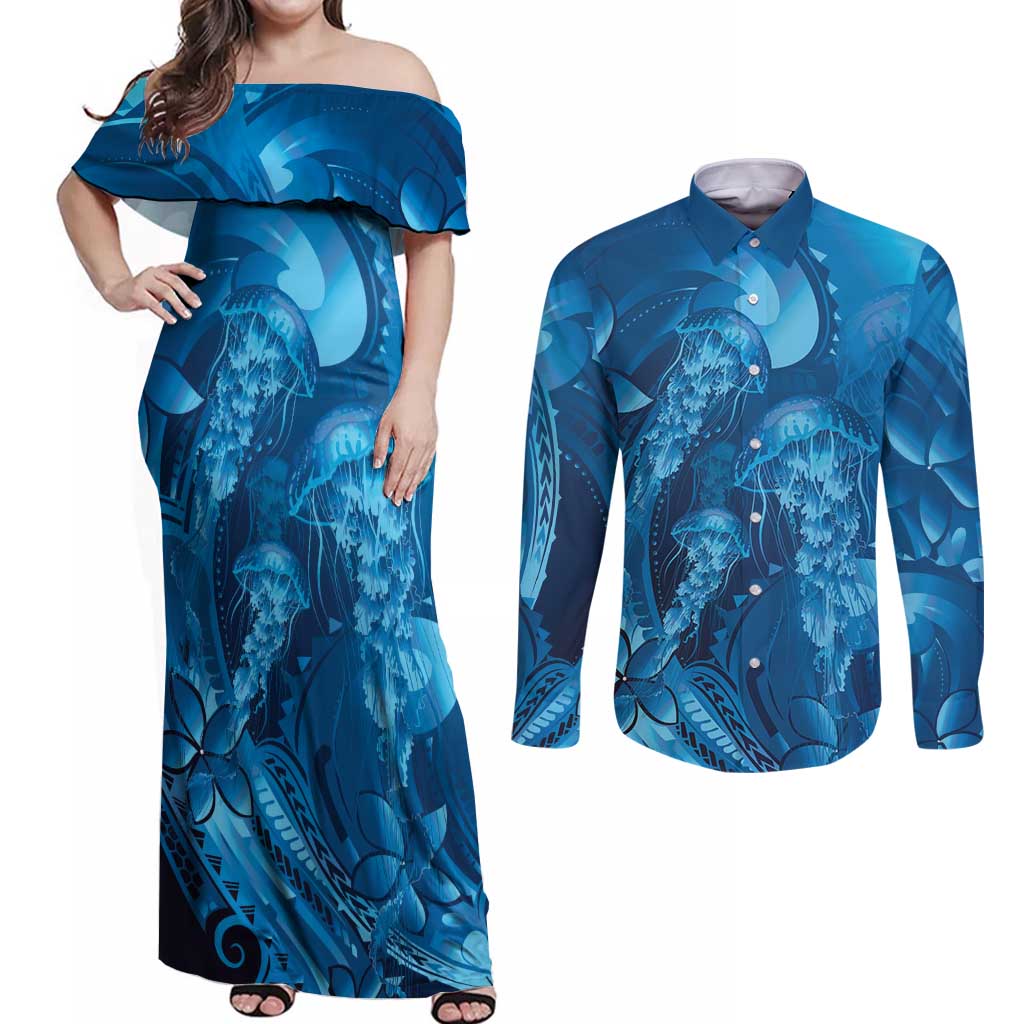 Blue Gradient Polynesia Jellyfish Couples Matching Off Shoulder Maxi Dress and Long Sleeve Button Shirt Plumeria Polynesian Tattoo Glowing Vibes