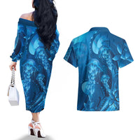 Blue Gradient Polynesia Jellyfish Couples Matching Off The Shoulder Long Sleeve Dress and Hawaiian Shirt Plumeria Polynesian Tattoo Glowing Vibes