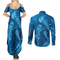 Blue Gradient Polynesia Jellyfish Couples Matching Summer Maxi Dress and Long Sleeve Button Shirt Plumeria Polynesian Tattoo Glowing Vibes