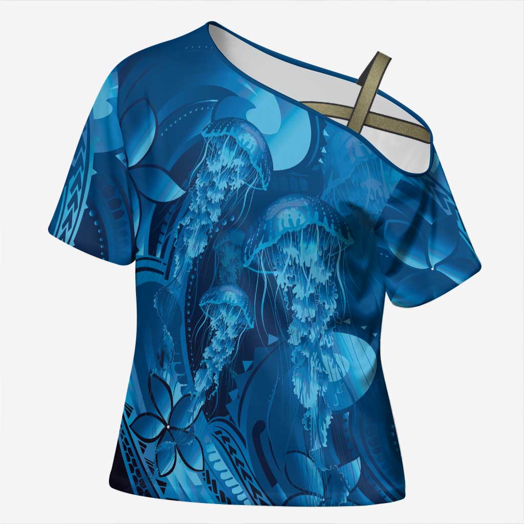 Blue Gradient Polynesia Jellyfish Cross Shoulder Shirt Plumeria Polynesian Tattoo Glowing Vibes