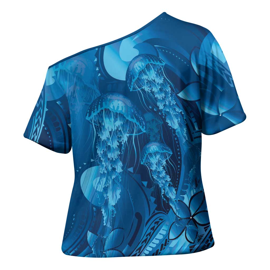 Blue Gradient Polynesia Jellyfish Cross Shoulder Shirt Plumeria Polynesian Tattoo Glowing Vibes