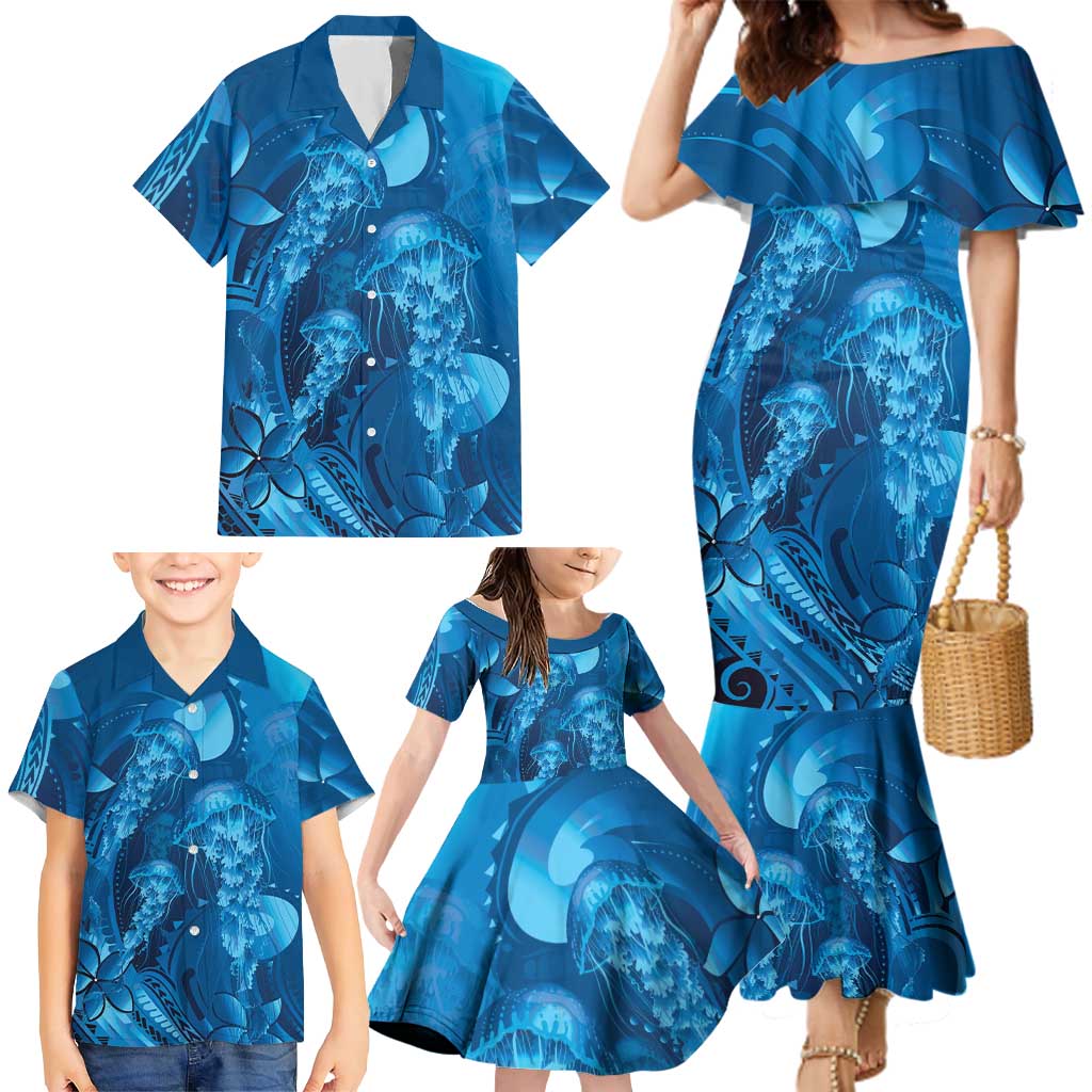 Blue Gradient Polynesia Jellyfish Family Matching Mermaid Dress and Hawaiian Shirt Plumeria Polynesian Tattoo Glowing Vibes LT14 - Polynesian Pride