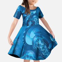 Blue Gradient Polynesia Jellyfish Family Matching Off Shoulder Maxi Dress and Hawaiian Shirt Plumeria Polynesian Tattoo Glowing Vibes LT14 Daughter's Dress Blue - Polynesian Pride