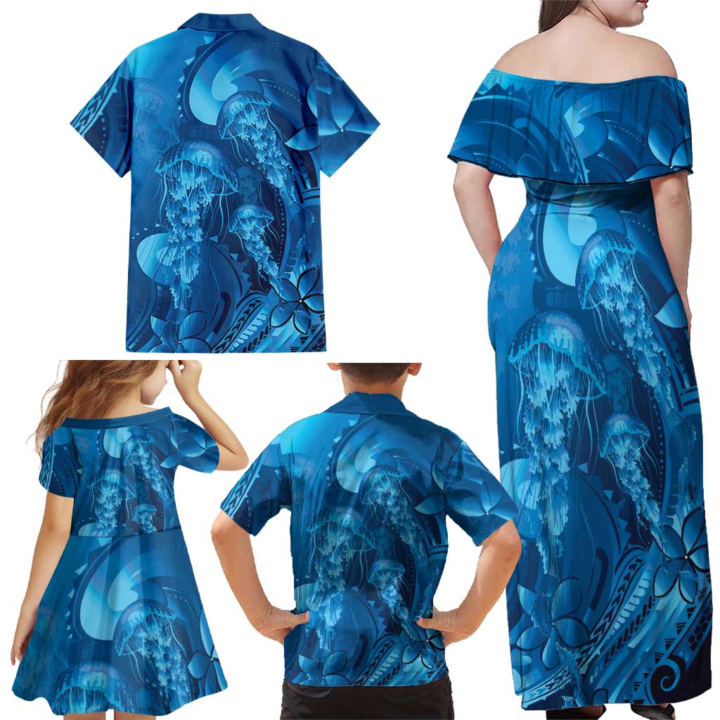 Blue Gradient Polynesia Jellyfish Family Matching Off Shoulder Maxi Dress and Hawaiian Shirt Plumeria Polynesian Tattoo Glowing Vibes LT14 - Polynesian Pride