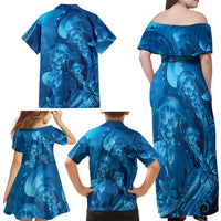Blue Gradient Polynesia Jellyfish Family Matching Off Shoulder Maxi Dress and Hawaiian Shirt Plumeria Polynesian Tattoo Glowing Vibes LT14 - Polynesian Pride