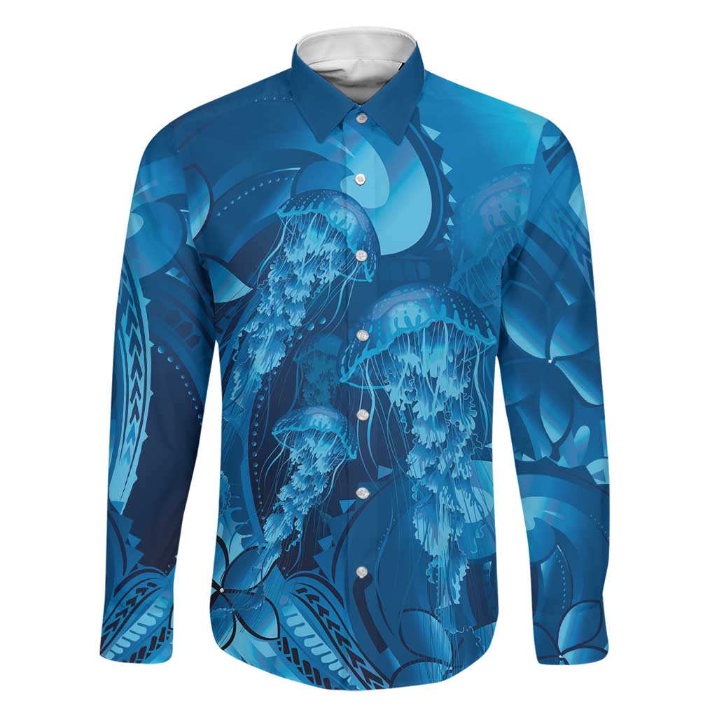 Blue Gradient Polynesia Jellyfish Family Matching Off Shoulder Maxi Dress and Hawaiian Shirt Plumeria Polynesian Tattoo Glowing Vibes LT14 Dad's Shirt - Long Sleeve Blue - Polynesian Pride