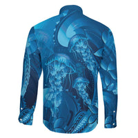 Blue Gradient Polynesia Jellyfish Family Matching Off Shoulder Maxi Dress and Hawaiian Shirt Plumeria Polynesian Tattoo Glowing Vibes LT14 - Polynesian Pride