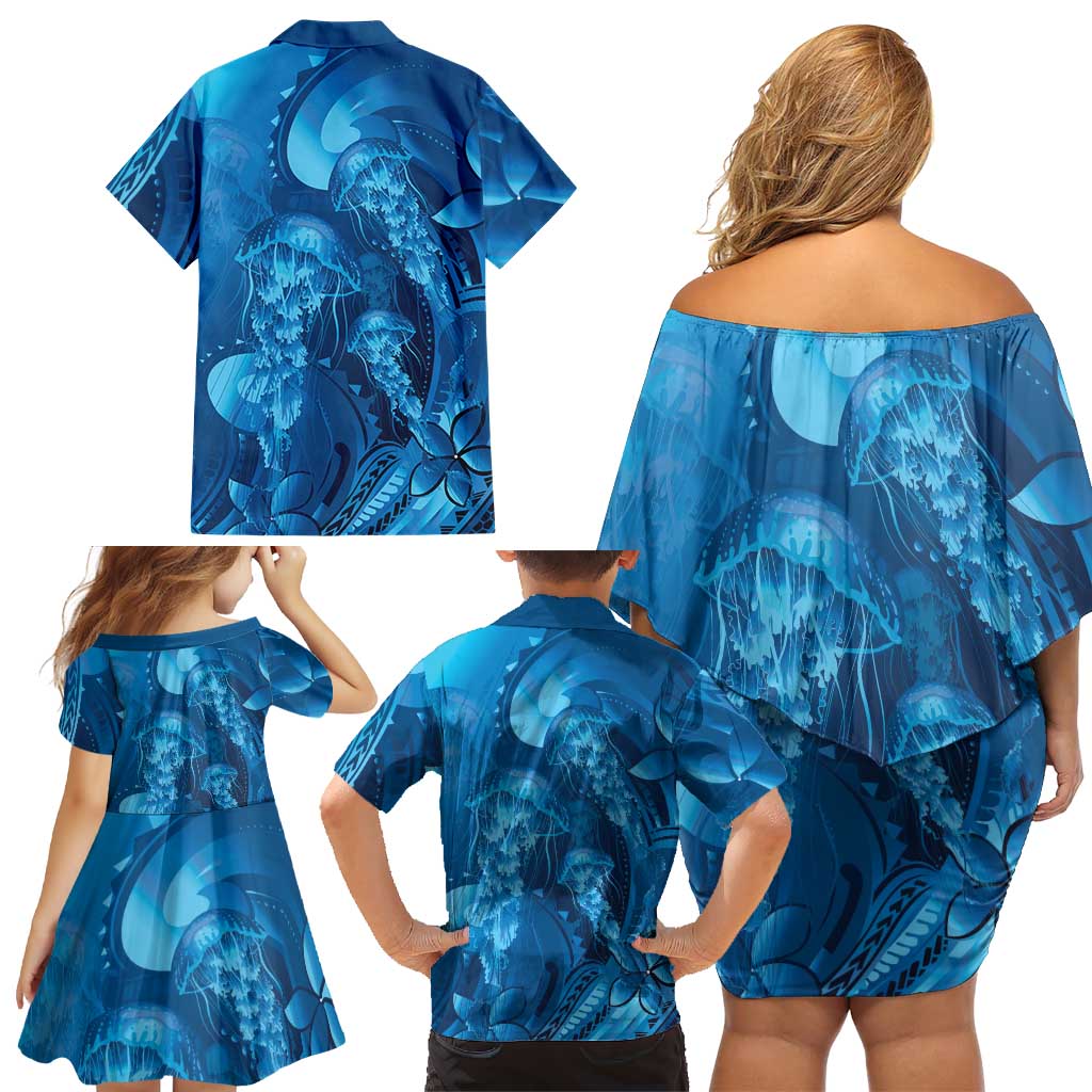 Blue Gradient Polynesia Jellyfish Family Matching Off Shoulder Short Dress and Hawaiian Shirt Plumeria Polynesian Tattoo Glowing Vibes LT14 - Polynesian Pride