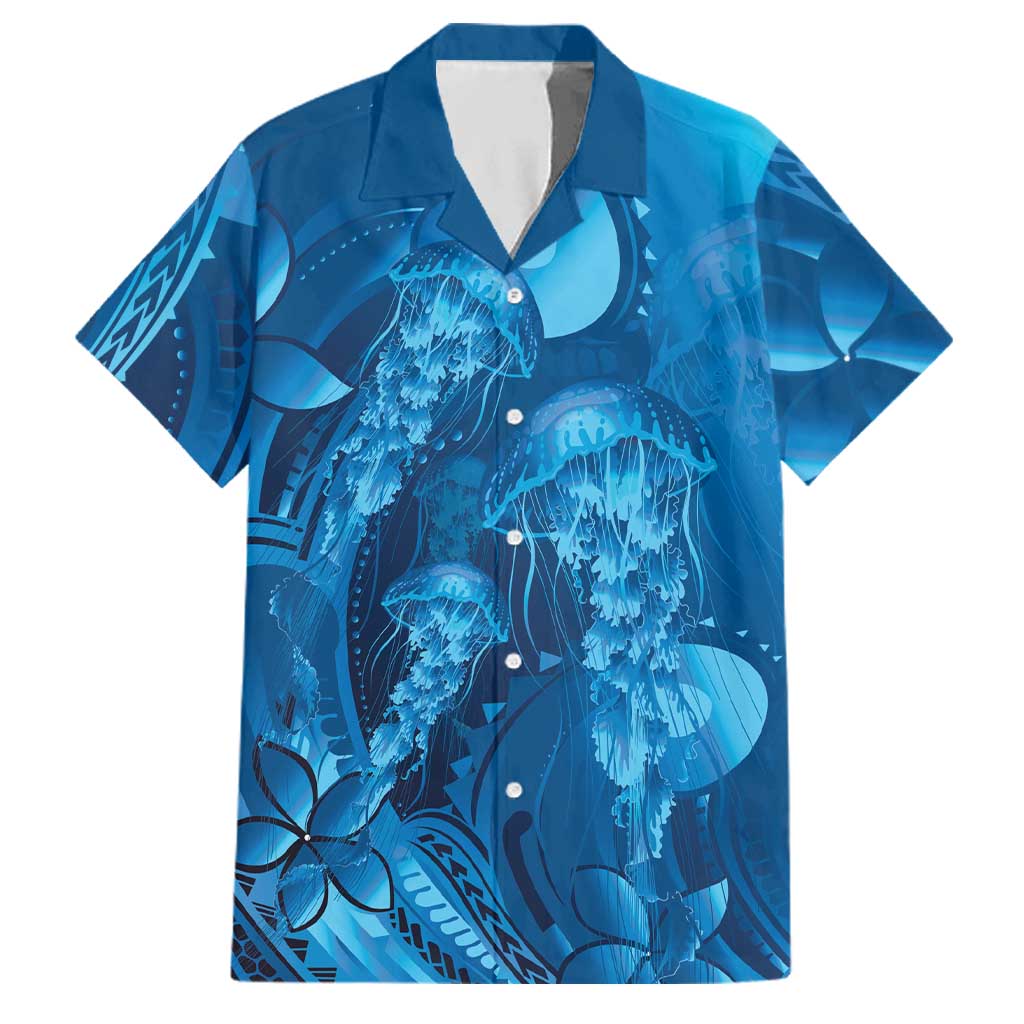 Blue Gradient Polynesia Jellyfish Family Matching Off Shoulder Short Dress and Hawaiian Shirt Plumeria Polynesian Tattoo Glowing Vibes LT14 Dad's Shirt - Short Sleeve Blue - Polynesian Pride