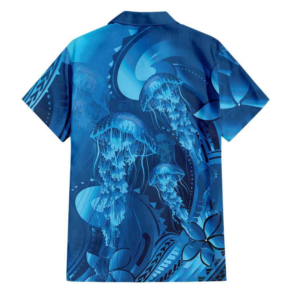 Blue Gradient Polynesia Jellyfish Family Matching Off Shoulder Short Dress and Hawaiian Shirt Plumeria Polynesian Tattoo Glowing Vibes LT14 - Polynesian Pride