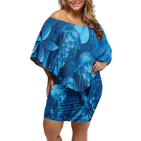 Blue Gradient Polynesia Jellyfish Family Matching Off Shoulder Short Dress and Hawaiian Shirt Plumeria Polynesian Tattoo Glowing Vibes LT14 Mom's Dress Blue - Polynesian Pride