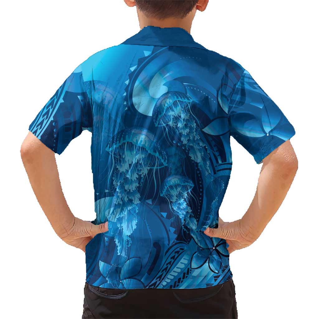 Blue Gradient Polynesia Jellyfish Family Matching Short Sleeve Bodycon Dress and Hawaiian Shirt Plumeria Polynesian Tattoo Glowing Vibes LT14 - Polynesian Pride