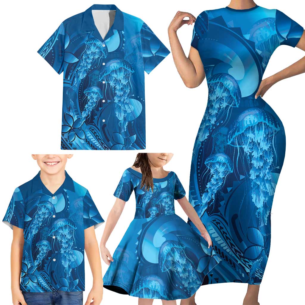 Blue Gradient Polynesia Jellyfish Family Matching Short Sleeve Bodycon Dress and Hawaiian Shirt Plumeria Polynesian Tattoo Glowing Vibes