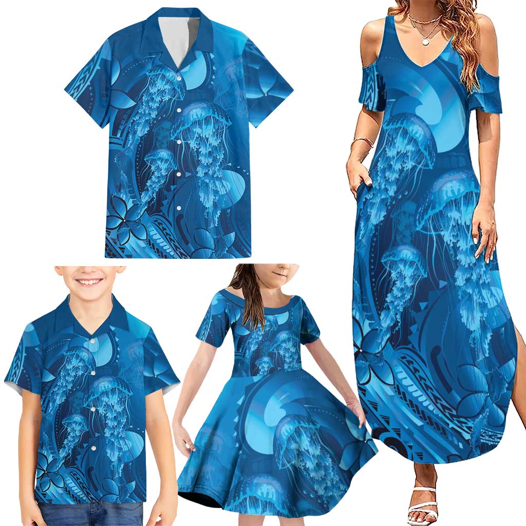 Blue Gradient Polynesia Jellyfish Family Matching Summer Maxi Dress and Hawaiian Shirt Plumeria Polynesian Tattoo Glowing Vibes LT14 - Polynesian Pride