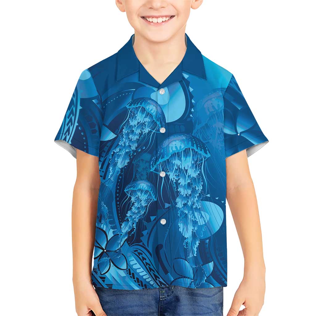 Blue Gradient Polynesia Jellyfish Family Matching Summer Maxi Dress and Hawaiian Shirt Plumeria Polynesian Tattoo Glowing Vibes LT14 Son's Shirt Blue - Polynesian Pride