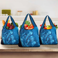 Blue Gradient Polynesia Jellyfish Grocery Bag Plumeria Polynesian Tattoo Glowing Vibes