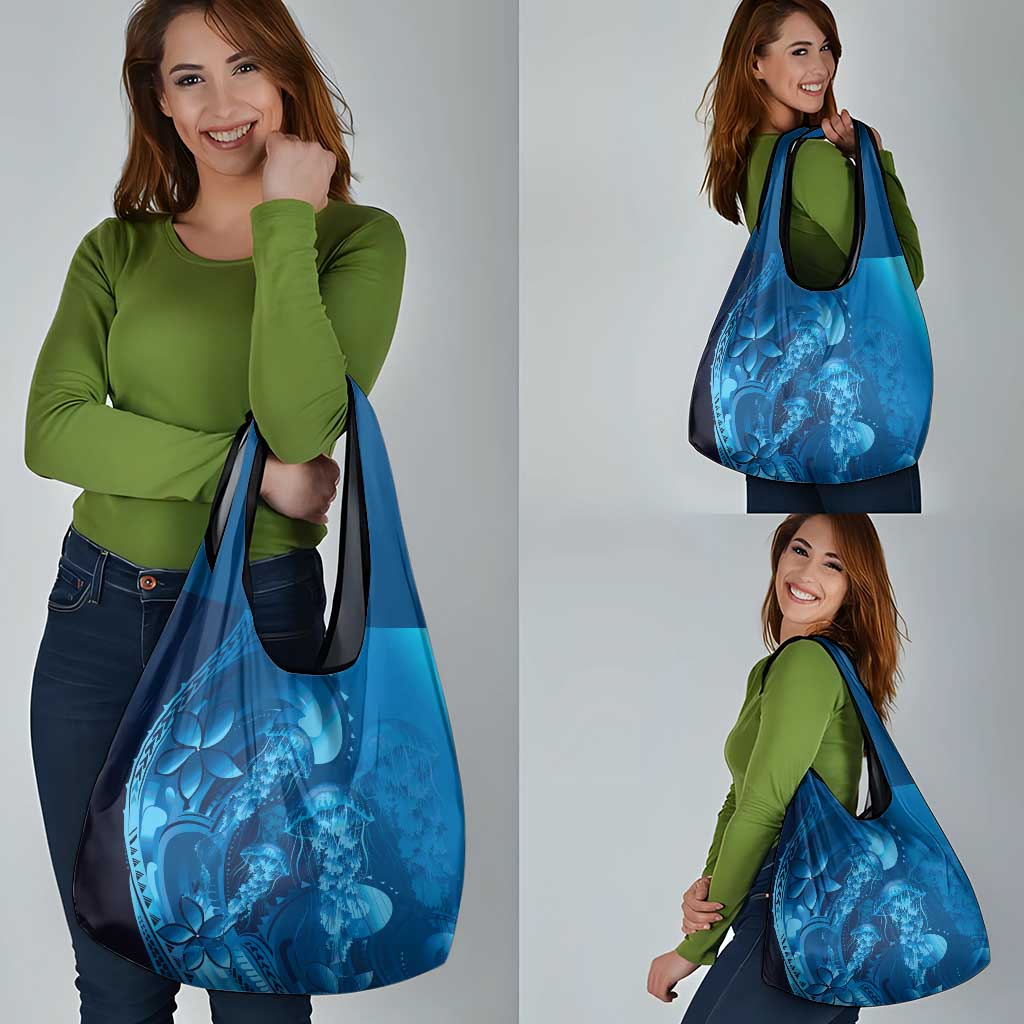 Blue Gradient Polynesia Jellyfish Grocery Bag Plumeria Polynesian Tattoo Glowing Vibes